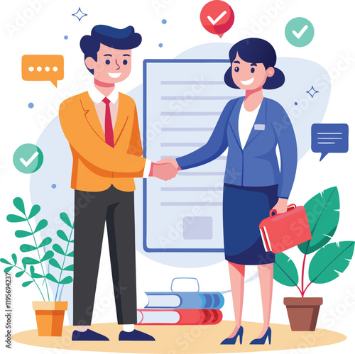 People shaking hands at work - Two businesspeople, man and woman doing handshake in office at work while smiling over business agreement and deal. Flat design stock illustration on white background