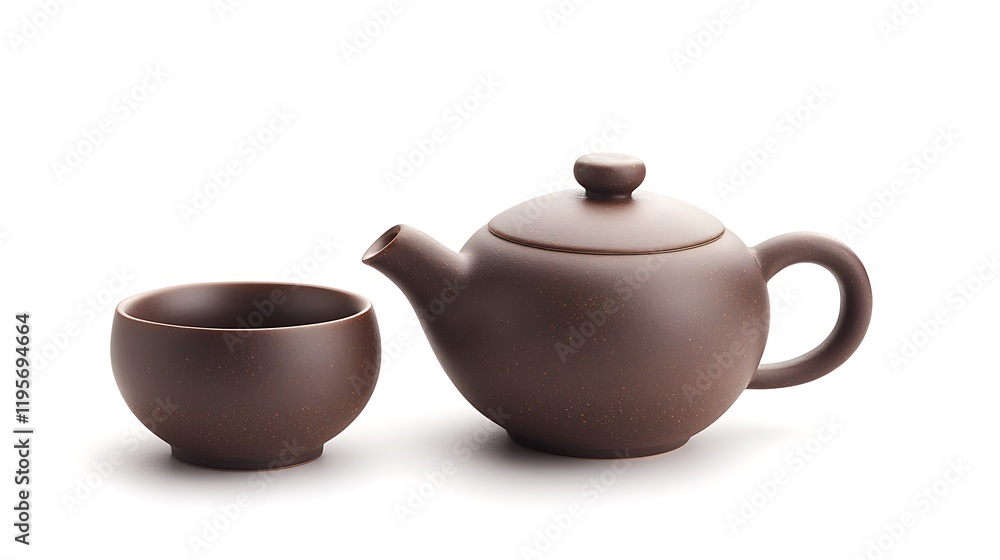 A simple, elegant tea set with a teapot and cups placed on a white background A simple, elegant tea set with a teapot and cups placed on a white background