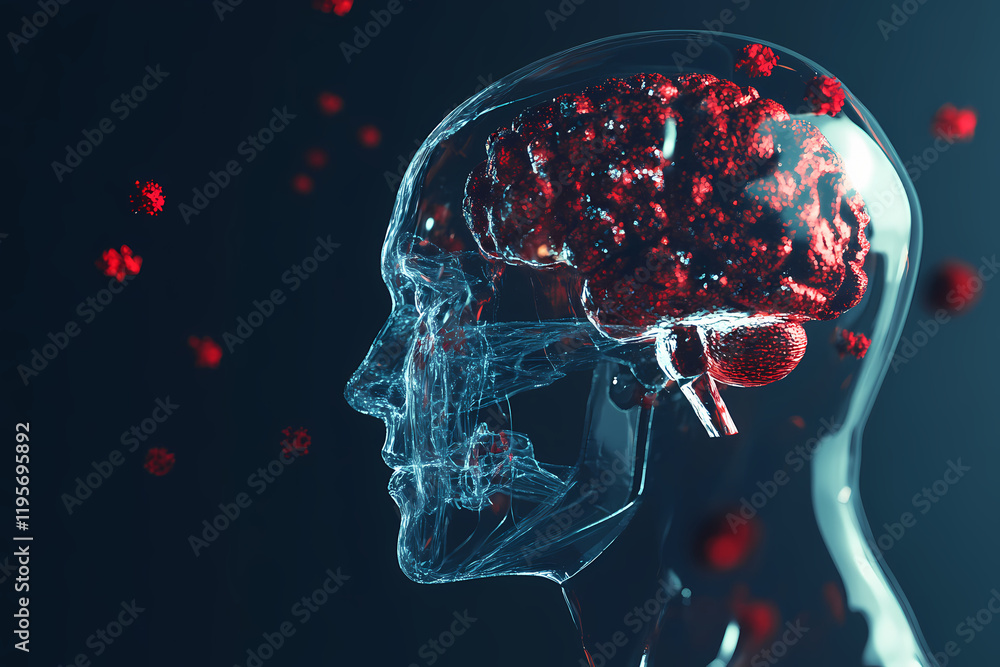 human head with a transparent brain and viruses in the air around it human head with a transparent brain and viruses in the air around it