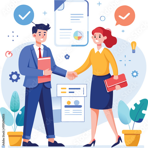 People shaking hands at work - Two businesspeople, man and woman doing handshake in office at work while smiling over business agreement and deal. Flat design stock illustration on white background