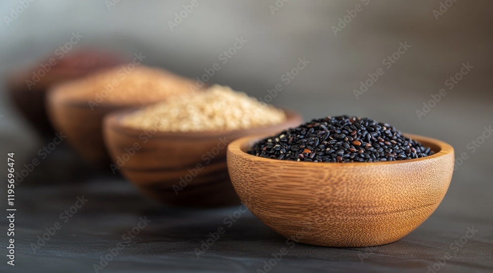 Close-up of three wooden bowls filled with different types of quinoa seeds.