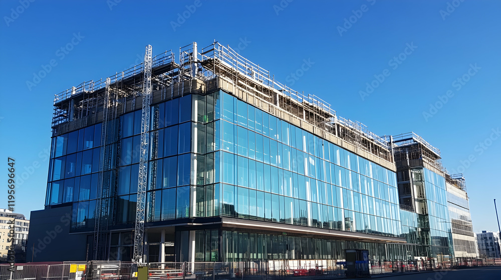 Modern building under construction with scaffolding and clear blue sky Modern building under construction with scaffolding and clear blue sky