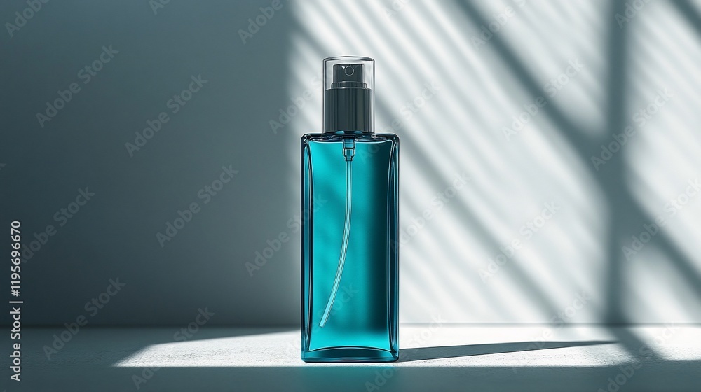 Teal Spray Bottle on White Surface with Sunlight Shadows Teal Spray Bottle on White Surface with Sunlight Shadows