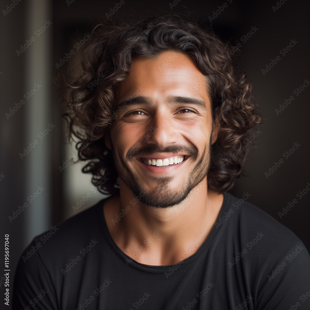 Portrait of Smiling Man with Curly Hair in a Casual Setting Portrait of Smiling Man with Curly Hair in a Casual Setting