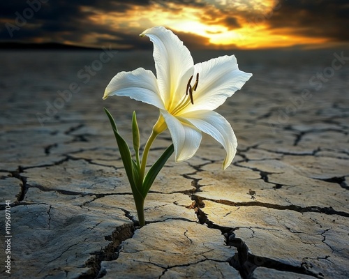A solitary white lily blooms amidst cracked earth, symbolizing resilience and beauty in a harsh environment under a dramatic sunset.