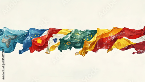 A row of flags from different countries flutter in the breeze, representing global unity and diversity