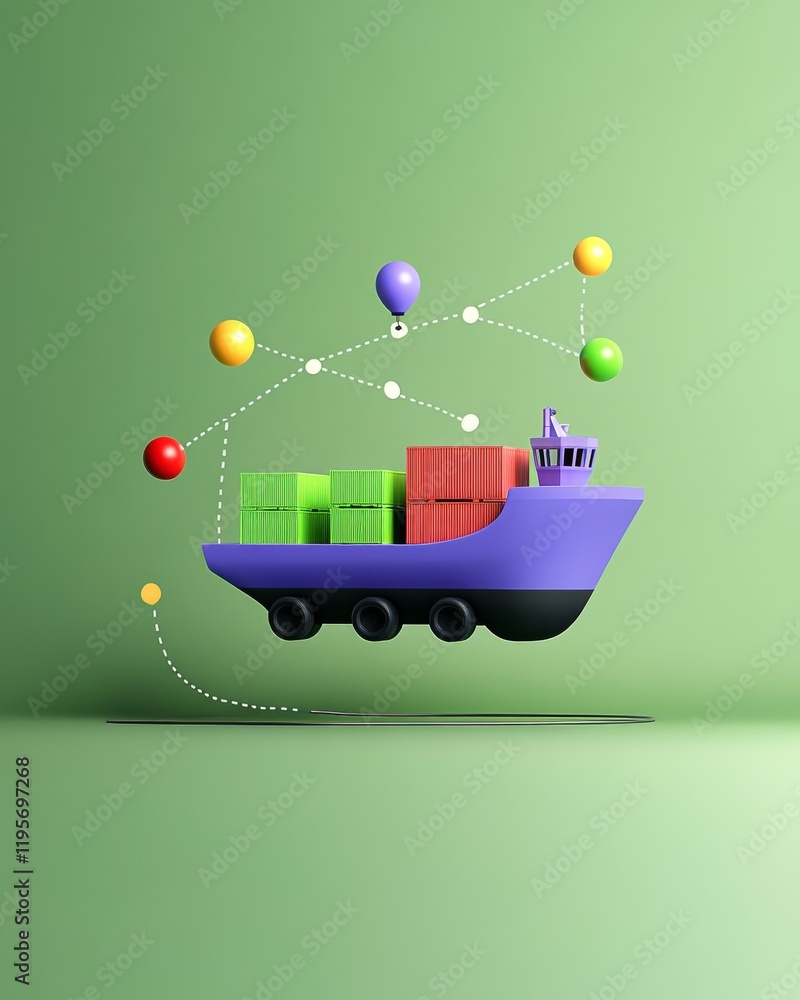 Obraz premium A colorful, stylized cargo ship with containers, floating against a green background, representing shipping and logistics in a playful manner.
