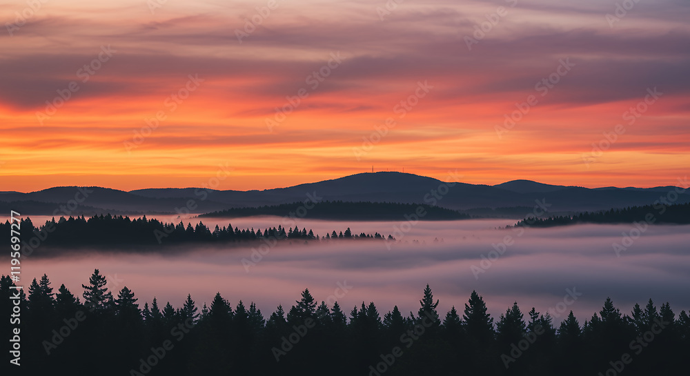 Fototapeta premium Breathtaking Sunrise Over Misty Mountain Forest