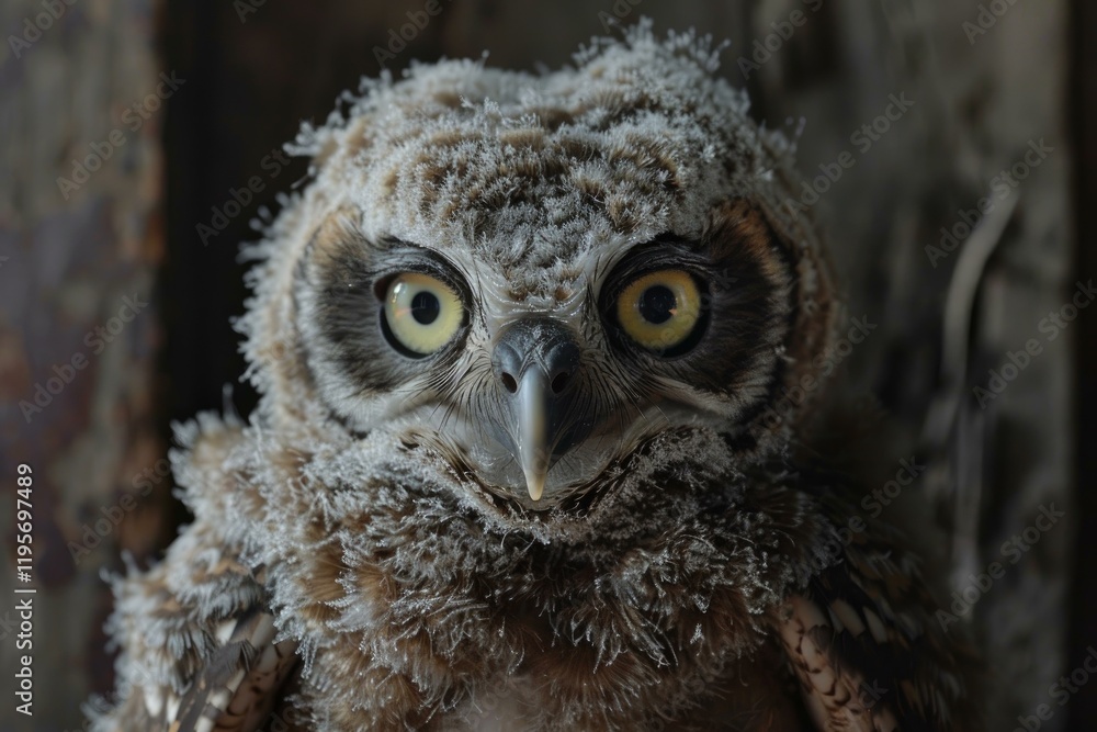 Obraz premium Closeup of a young great horned owlet with intense yellow eyes and fluffy brown feathers