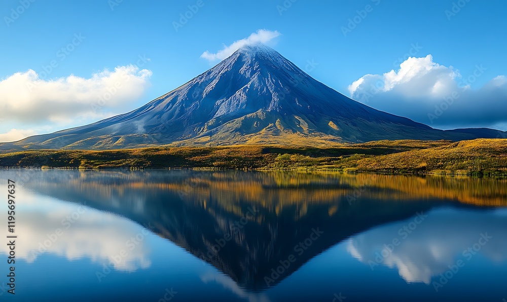 A breathtaking view of the volcanic mountain’s reflection in a calm lake A breathtaking view of the volcanic mountain’s reflection in a calm lake