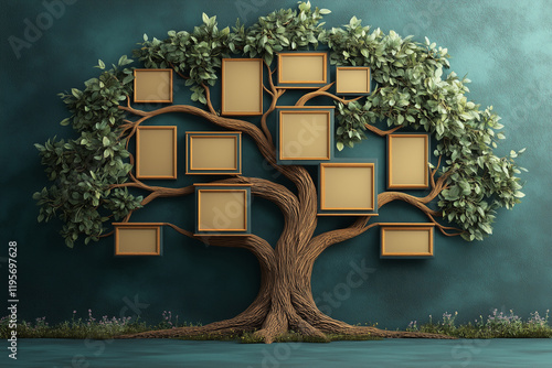 A wide strong family tree template with empty cells for user input text. Green background, simple blank cells