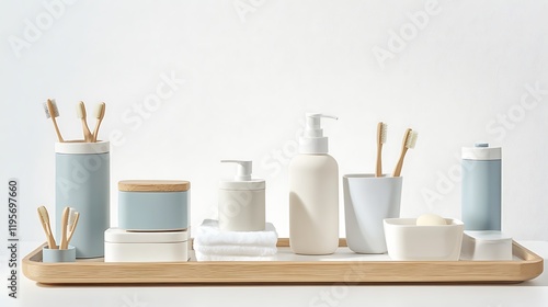 A clean, organized bathroom setup with toiletries and decor on a white background, creating a sense of calm and cleanliness