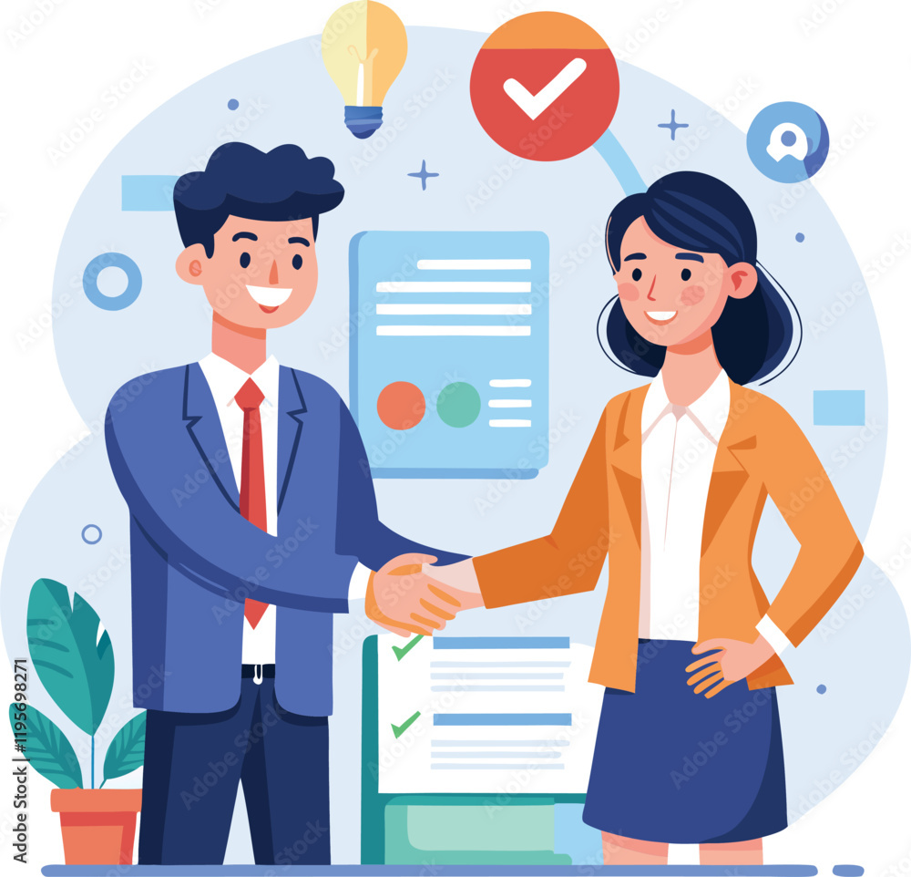 People shaking hands at work - Two businesspeople, man and woman doing handshake in office at work while smiling over business agreement and deal. Flat design stock illustration on white background People shaking hands at work - Two businesspeople, man and woman doing handshake in office at work while smiling over business agreement and deal. Flat design stock illustration on white background