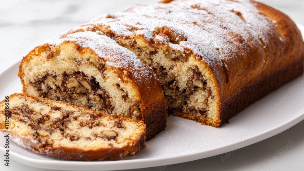 Delicious Walnut Paste-Filled Roll Cake Served on a White Plate With a Dusting of Powdered Sugar in a Cozy Kitchen Setting Delicious Walnut Paste-Filled Roll Cake Served on a White Plate With a Dusting of Powdered Sugar in a Cozy Kitchen Setting