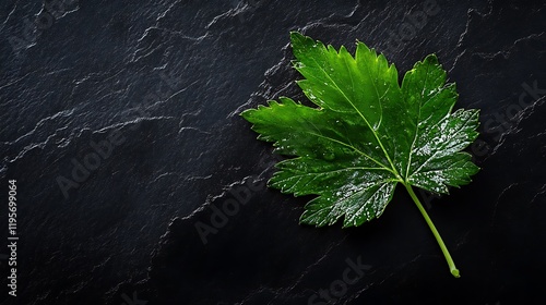 A single fresh green leaf lying on a black background with light catching its intricate veins and edges photo