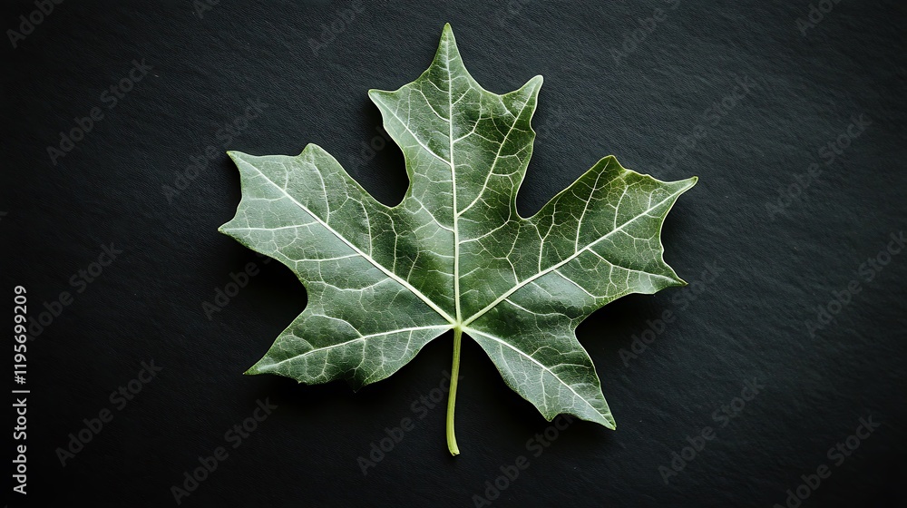 Fototapeta premium A single fresh green leaf lying on a black background with light catching its intricate veins and edges