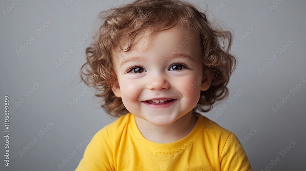 Naklejka premium Portrait of smiling baby with yellow t-shirt and curly hair on gray background