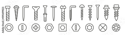 Screw, bolt Metalware, nut, hexahedron icons set. Tool Nail Metalware icons, symbols. Vector set