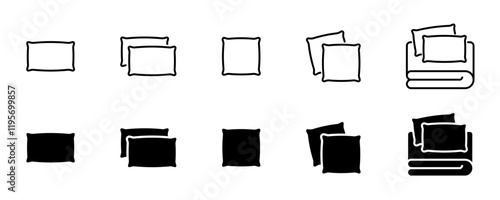 Pillow icon set. Clean bed sheet outline filled solid symbols. Take nap sign. Vector icons