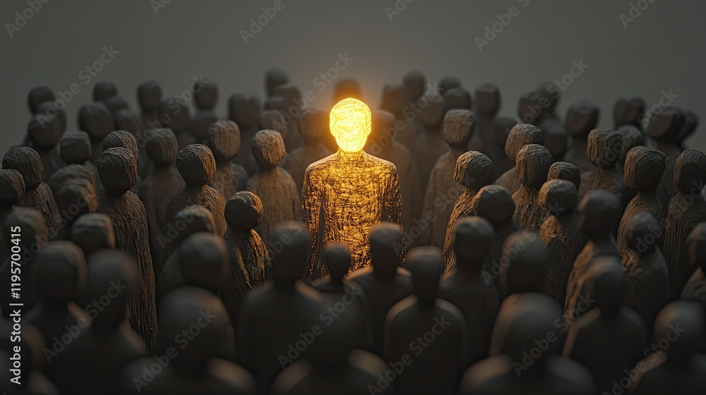 Fototapeta premium Glowing wooden figure stands out in dark crowd: concept of uniqueness