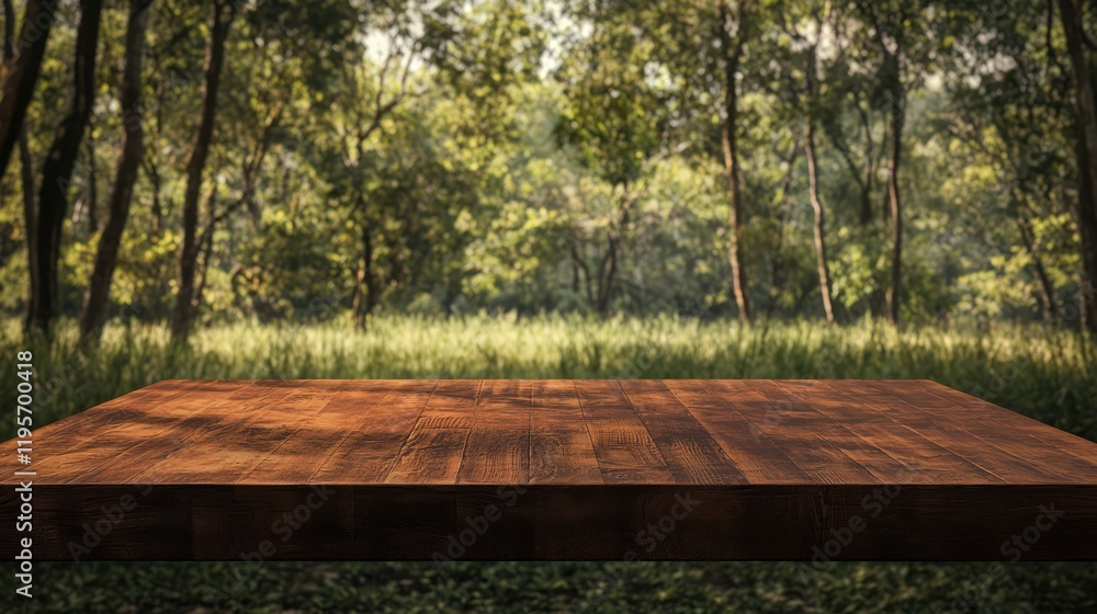 Fototapeta premium Wooden Tabletop in a Lush Green Forest Serene Nature Scene