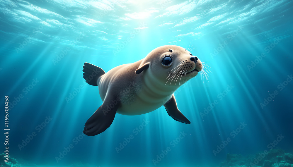 Seal swimming in ocean with sunlight beams Seal swimming in ocean with sunlight beams