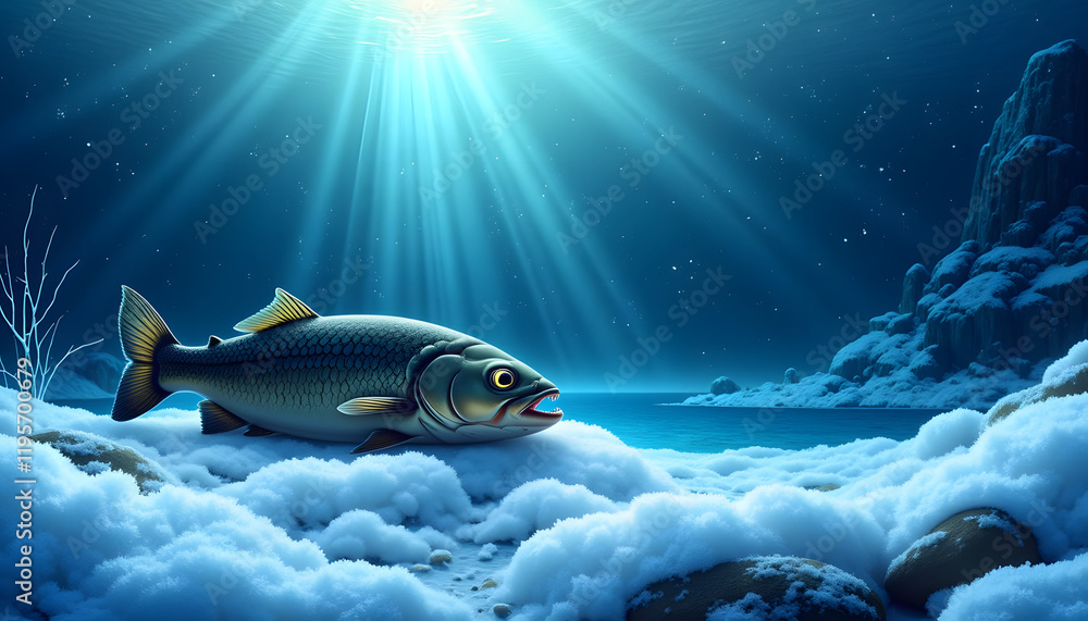 Fototapeta premium Fish swimming in snowy water with illuminated background