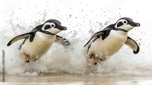 Playful Penguins: Dynamic Duo in Ocean Spray, Whimsical Wildlife Photography photo