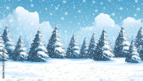 A snowy landscape with many pine trees covered in snow background outdoors scenery