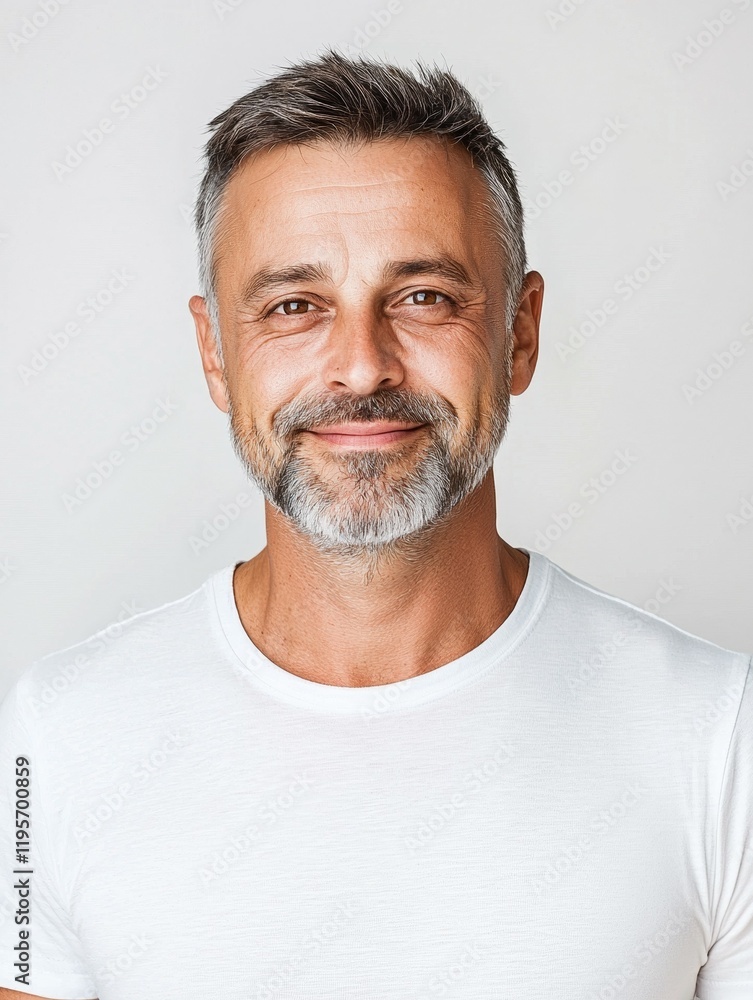 Man with a white shirt and gray hair is smiling Man with a white shirt and gray hair is smiling