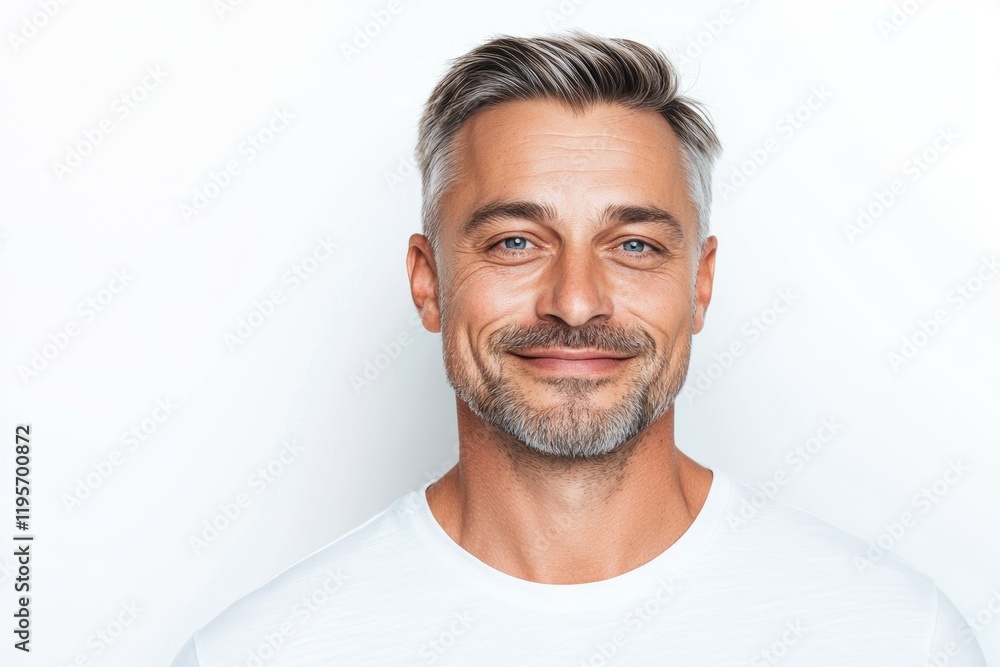 Man with a white shirt and gray hair is smiling Man with a white shirt and gray hair is smiling
