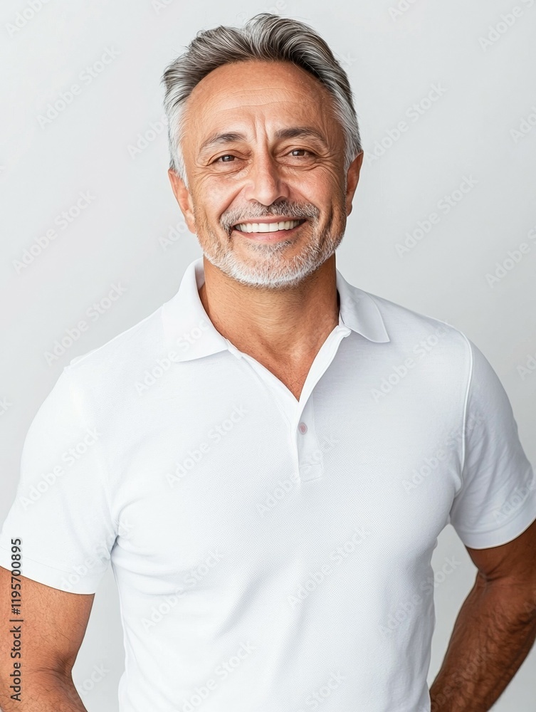 Man with a white shirt and gray hair is smiling Man with a white shirt and gray hair is smiling