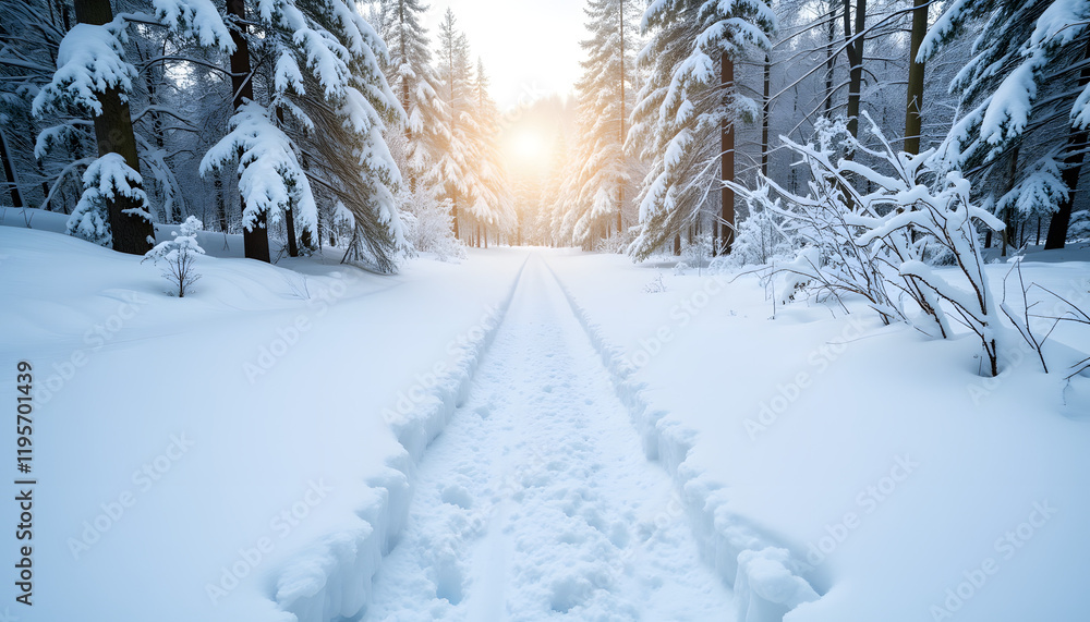 Snowy forest path at sunrise Snowy forest path at sunrise