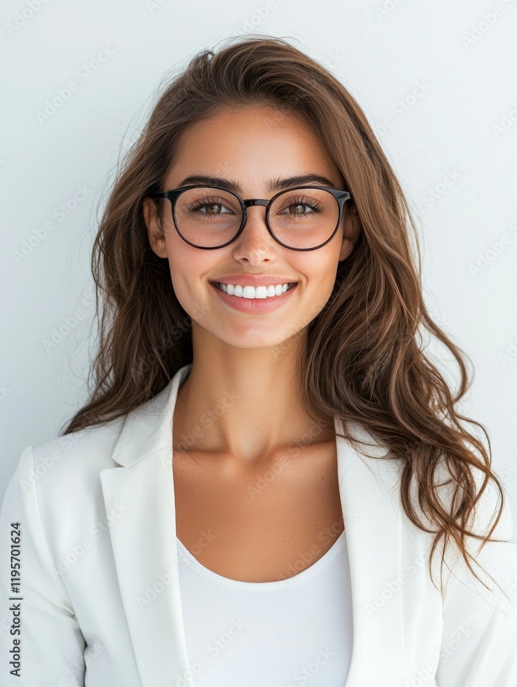 Woman with long brown hair and glasses is smiling for the camera Woman with long brown hair and glasses is smiling for the camera