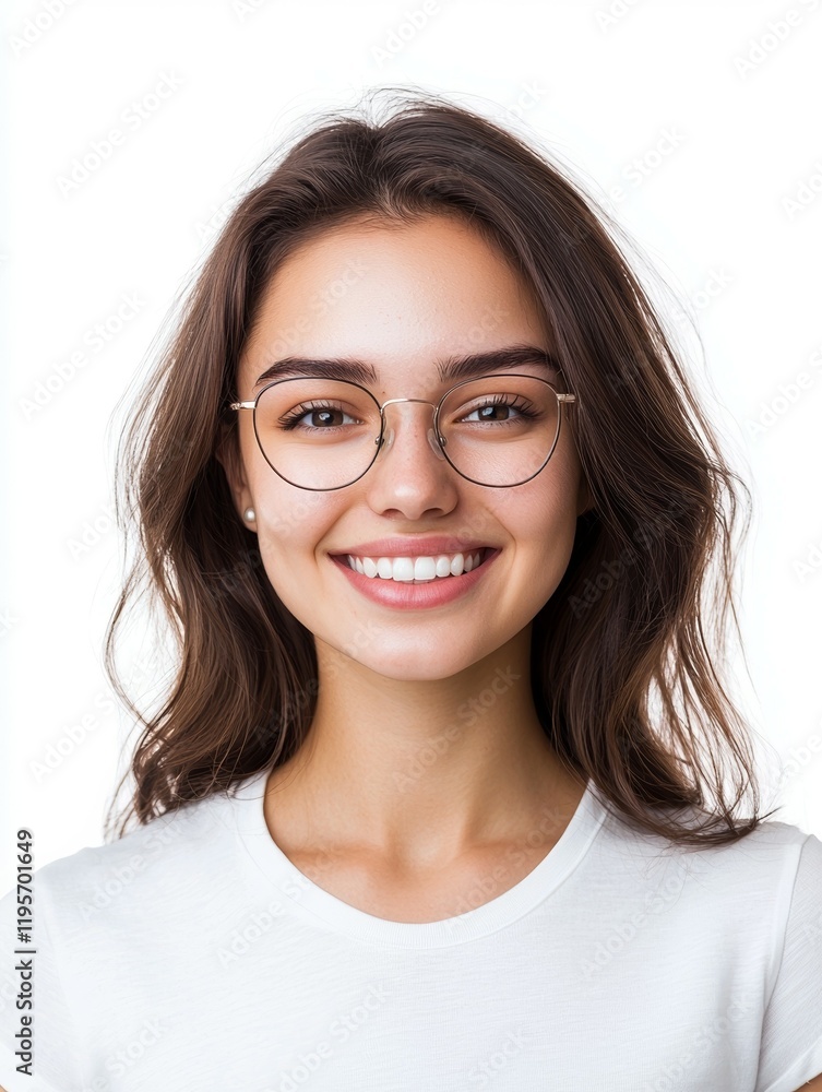 Woman with long brown hair and glasses is smiling Woman with long brown hair and glasses is smiling