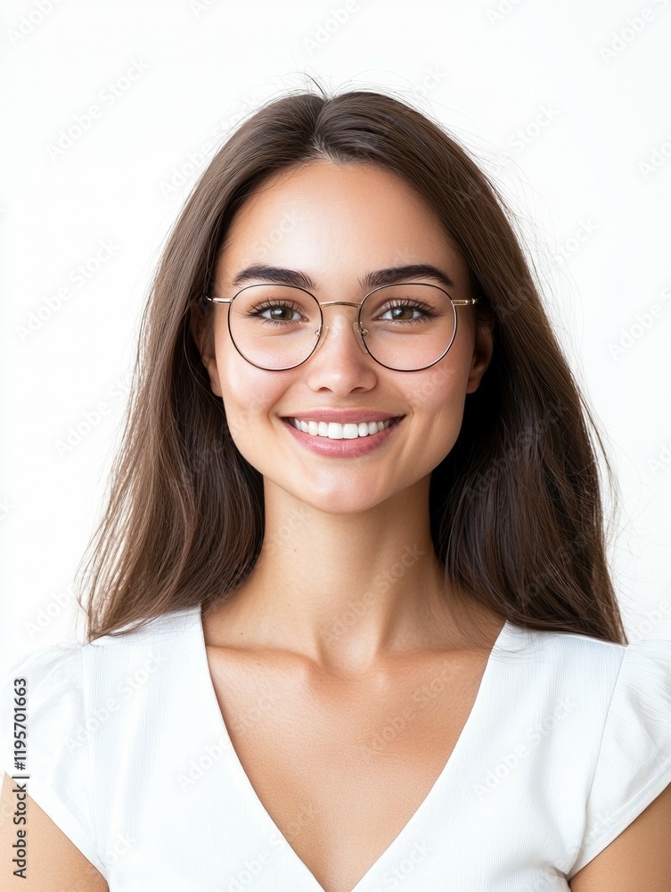 Woman with long brown hair and glasses is smiling Woman with long brown hair and glasses is smiling