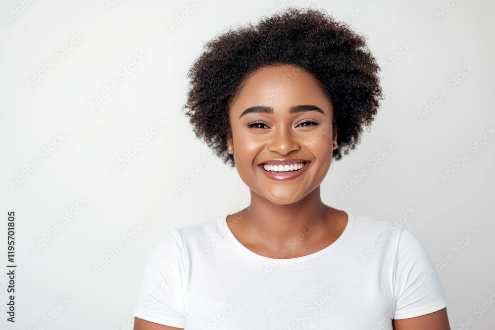Woman with curly hair is smiling and wearing a white shirt Woman with curly hair is smiling and wearing a white shirt