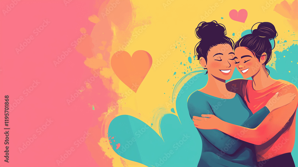 Copy space, flat illustration, diverse lesbian couple embracing each other, diversity theme. Togetherness theme. 2 Woman in love, Tolerance theme. equal rights for everybody Copy space, flat illustration, diverse lesbian couple embracing each other, diversity theme. Togetherness theme. 2 Woman in love, Tolerance theme. equal rights for everybody