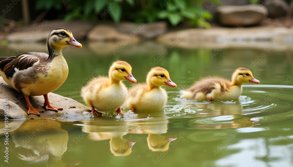 Mother duck and ducklings swimming in a pond Mother duck and ducklings swimming in a pond