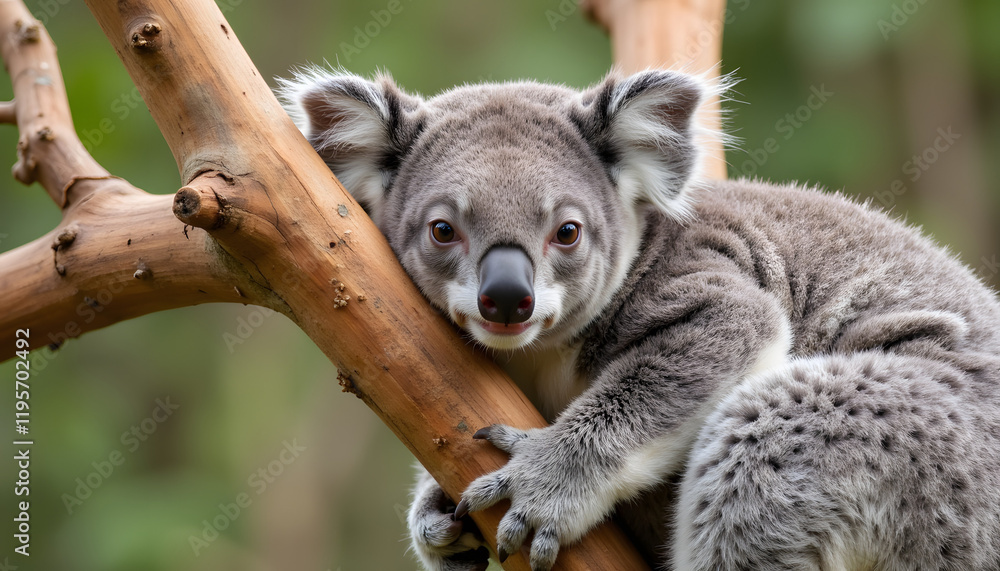 Fototapeta premium Koala resting on tree branch in a lush green environment