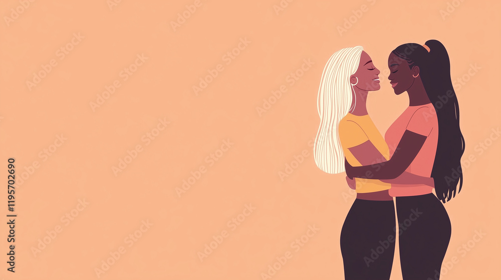 Copy space, flat illustration, diverse lesbian couple embracing each other, diversity theme. Togetherness theme. 2 Woman in love, Tolerance theme. equal rights for everybody Copy space, flat illustration, diverse lesbian couple embracing each other, diversity theme. Togetherness theme. 2 Woman in love, Tolerance theme. equal rights for everybody