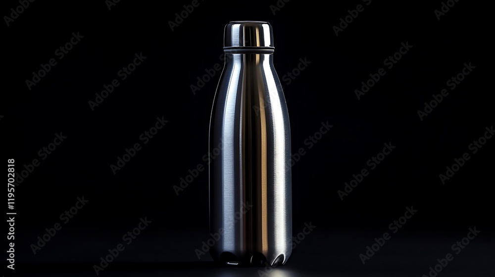 A sleek stainless steel water bottle placed on a black background with light catching its smooth surface A sleek stainless steel water bottle placed on a black background with light catching its smooth surface