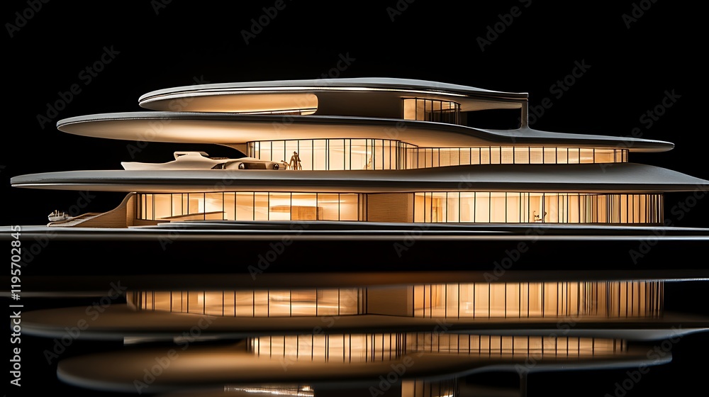 A modern architectural model placed on a black background with light highlighting its clean lines and structure A modern architectural model placed on a black background with light highlighting its clean lines and structure