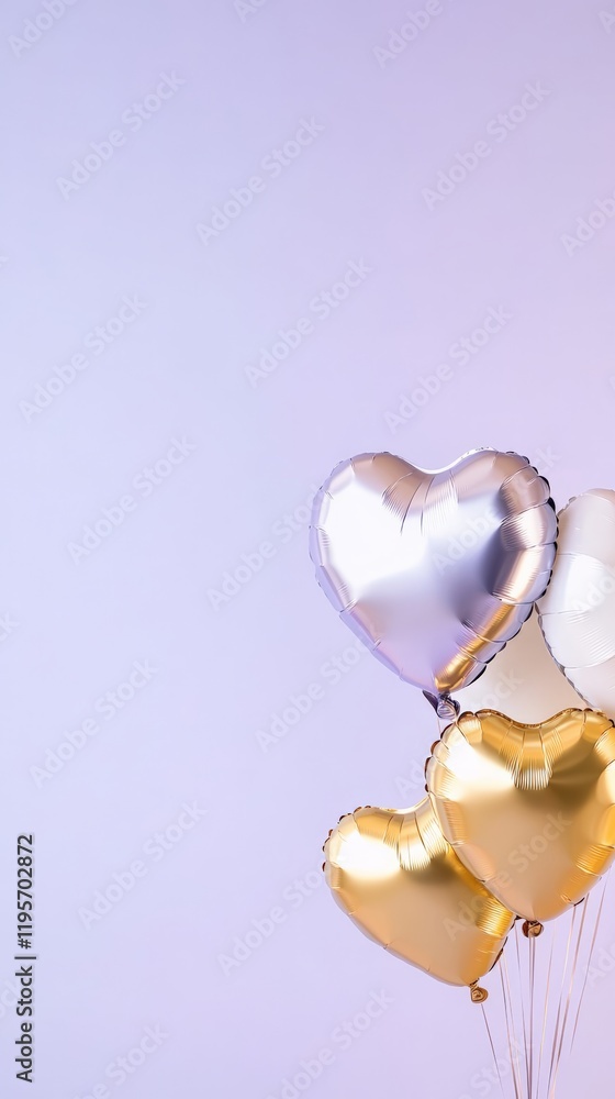Fototapeta premium Floating golden and silver heart shaped balloons against a pastel purple background, creating a festive and romantic atmosphere for valentine's day and special celebrations