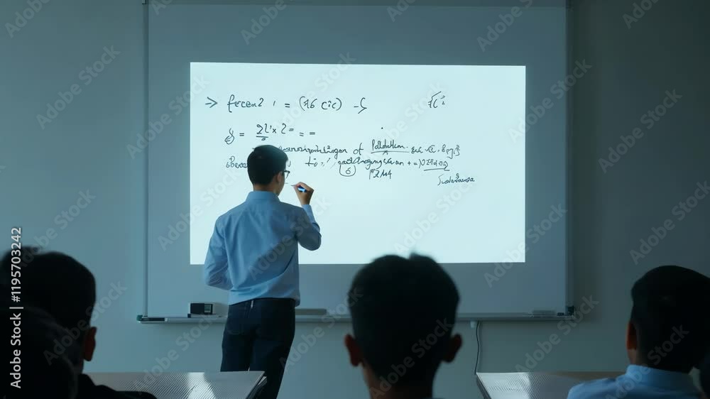 A teacher in a classroom writing mathematical equations on a whiteboard while students attentively watch, with soft side lighting and a calm academic atmosphere. A teacher in a classroom writing mathematical equations on a whiteboard while students attentively watch, with soft side lighting and a calm academic atmosphere.
