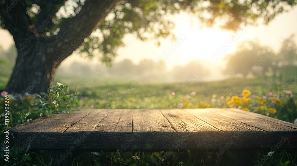 Naklejka premium A wooden tree table podium displayed on a farm for food, perfume, and other products, set against a natural background with grass and morning sunlight