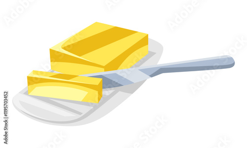 Illustration of butter with knife. Stylized kitchen object for cooking recipe and menu.