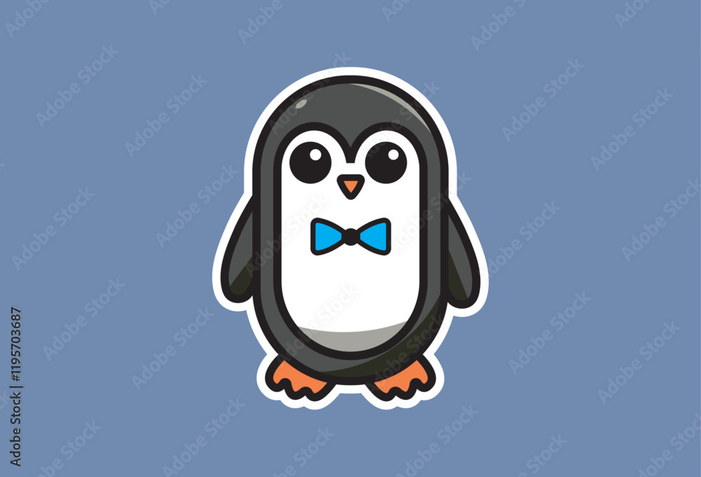 Obraz premium A charming and unique cartoon Penguin with a blue bow tie, standing on a light blue background, ready to add a touch of cuteness to your designs.