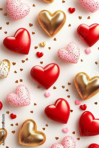3d hearts, red and gold colors, white background, valentine's day theme wallpaper