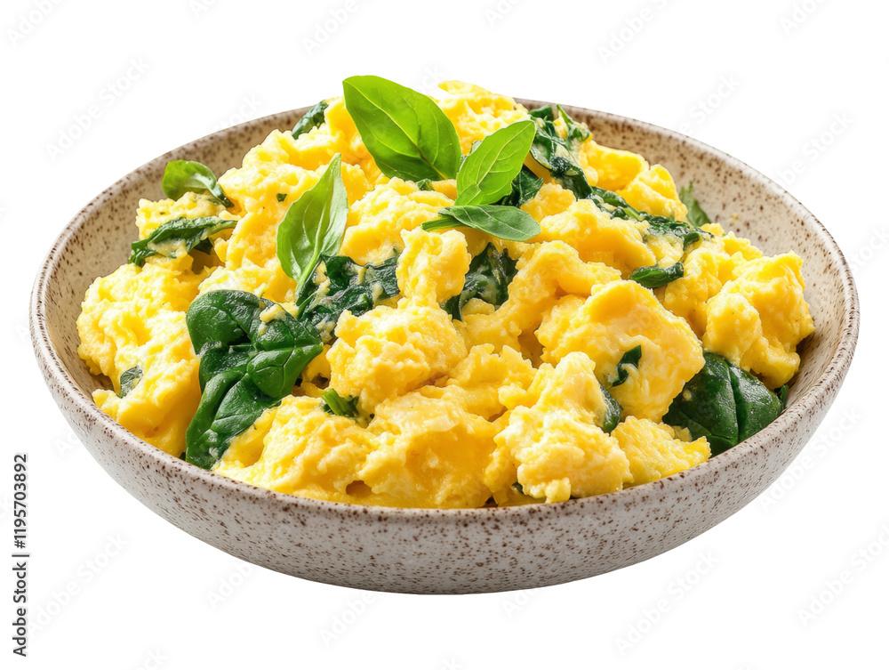 Scrambled Eggs with Spinach and Fresh Herbs on White Plate Scrambled Eggs with Spinach and Fresh Herbs on White Plate